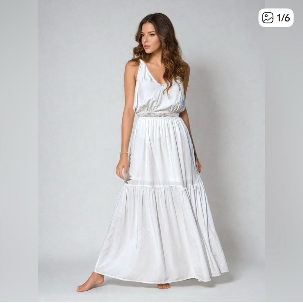 Boutique | White Boho Lace Trim Knot Shoulder Ruffle Hem Cami Dress | Size L